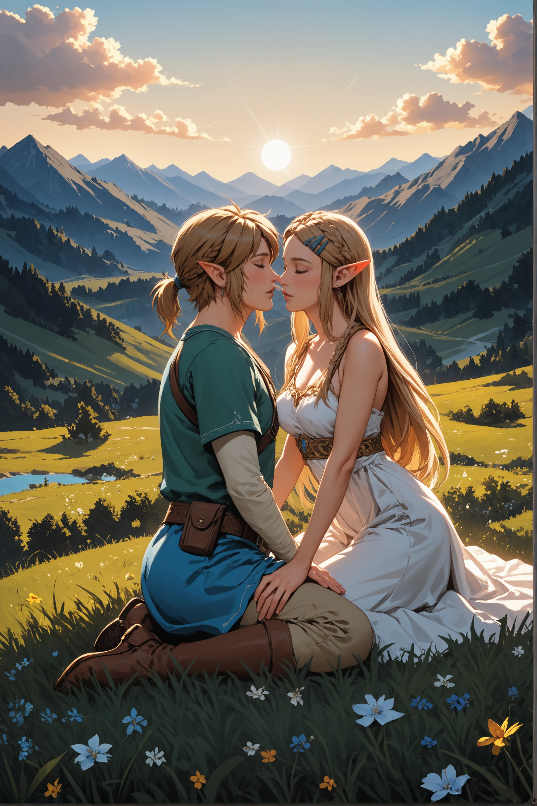 Masterpiece, stunning realistic, best quality, Sharpness, 2 girls, lying on top of each other, kissing on water, large breasts,, tongue kiss, closed eyes,full body (2girls, Zelda), short tight dress, sleeveless, outdoors, cityscape,road, heavy rain,storm, dusk,dawn, twilight,sunset, full body, soaking wet, sensual body, closed eyes, (silhouette:1.2), wet ground