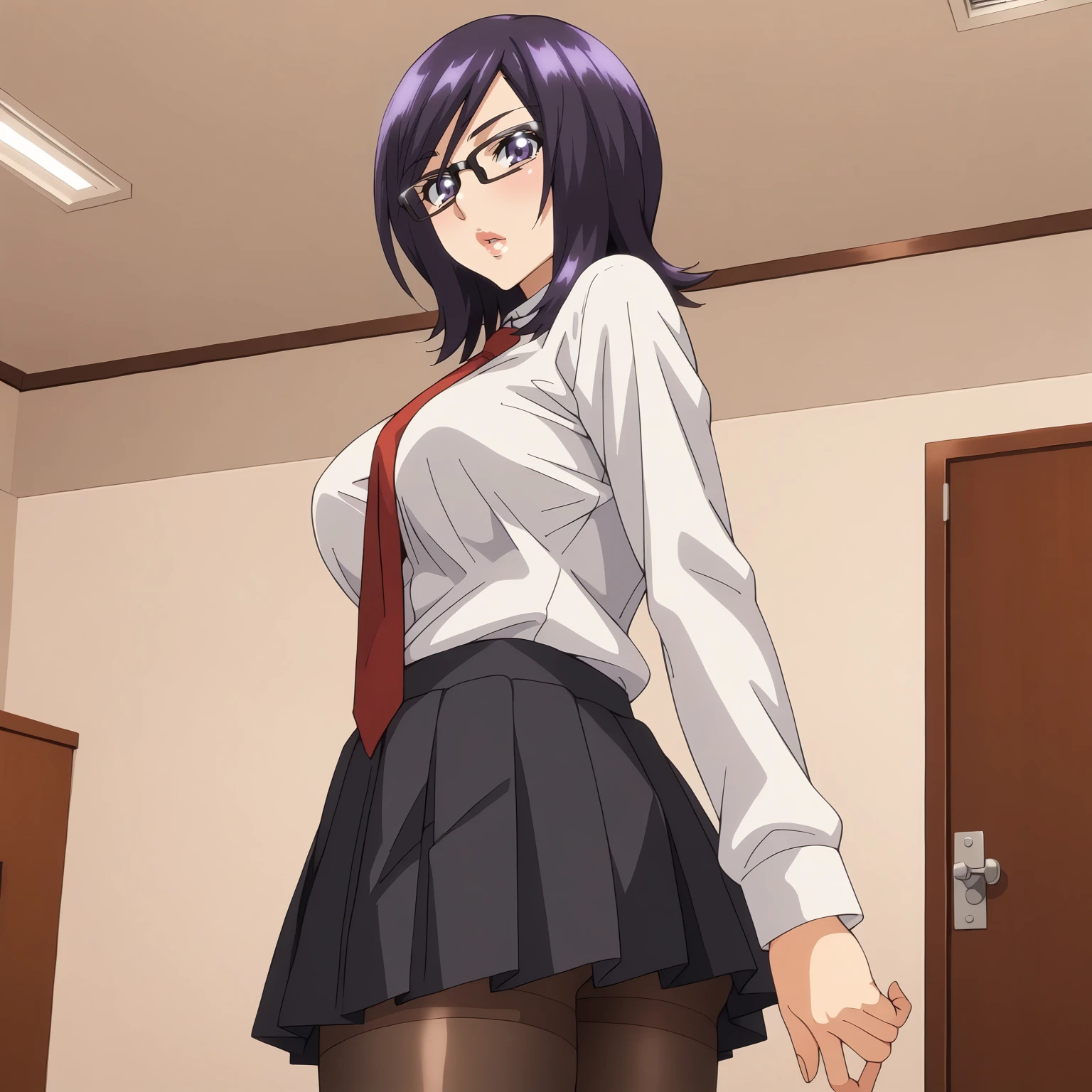 <lora:NatsumeKawashimaXLpony001>,
looking at viewer,parted lips,
solo,
NatsumeKawashima,1girl,purple black hair,medium hair,purple eyes,eyewear,
large breasts,
white shirt,red tie,
pleated_skirt,black skirt,
black_pantyhose,
indoors,
standing,looking back,