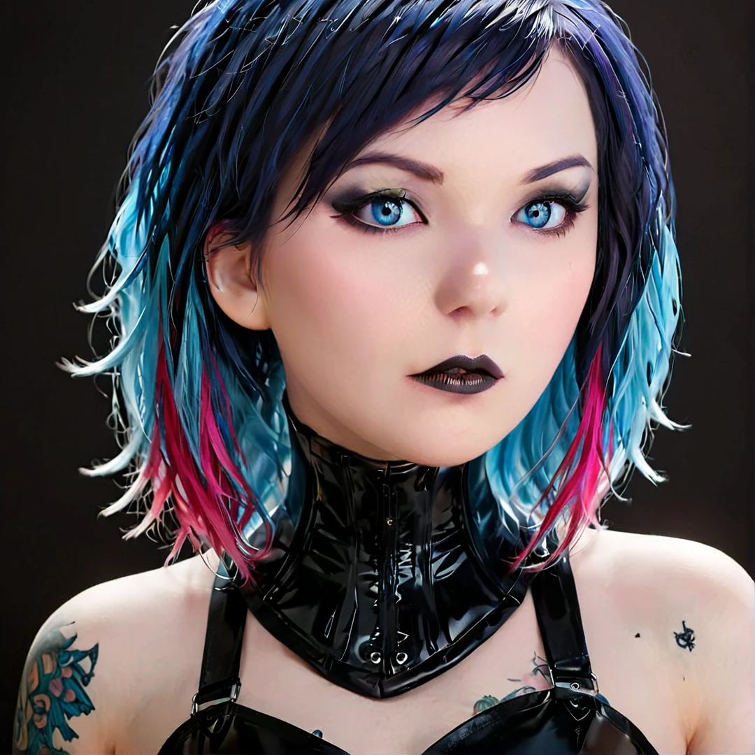 closeup, pale skinned young emo goth girl with multicolored hair and blue eyes,makeup, black lipstick, (n3ckcorset), in a gothic room, tattoos, Masterpiece;highly detailed; extreme,octane render, zbrush, blender, 3d,post-processing,HDR; lightning; volumetric; cinematic; ray tracing; RTX;radiant light rays,subsurface scattering,soft edge lighting,realistic shadows;vibrant colors,high-res, 8k,16k,32k,Playful shadows dance across her face,