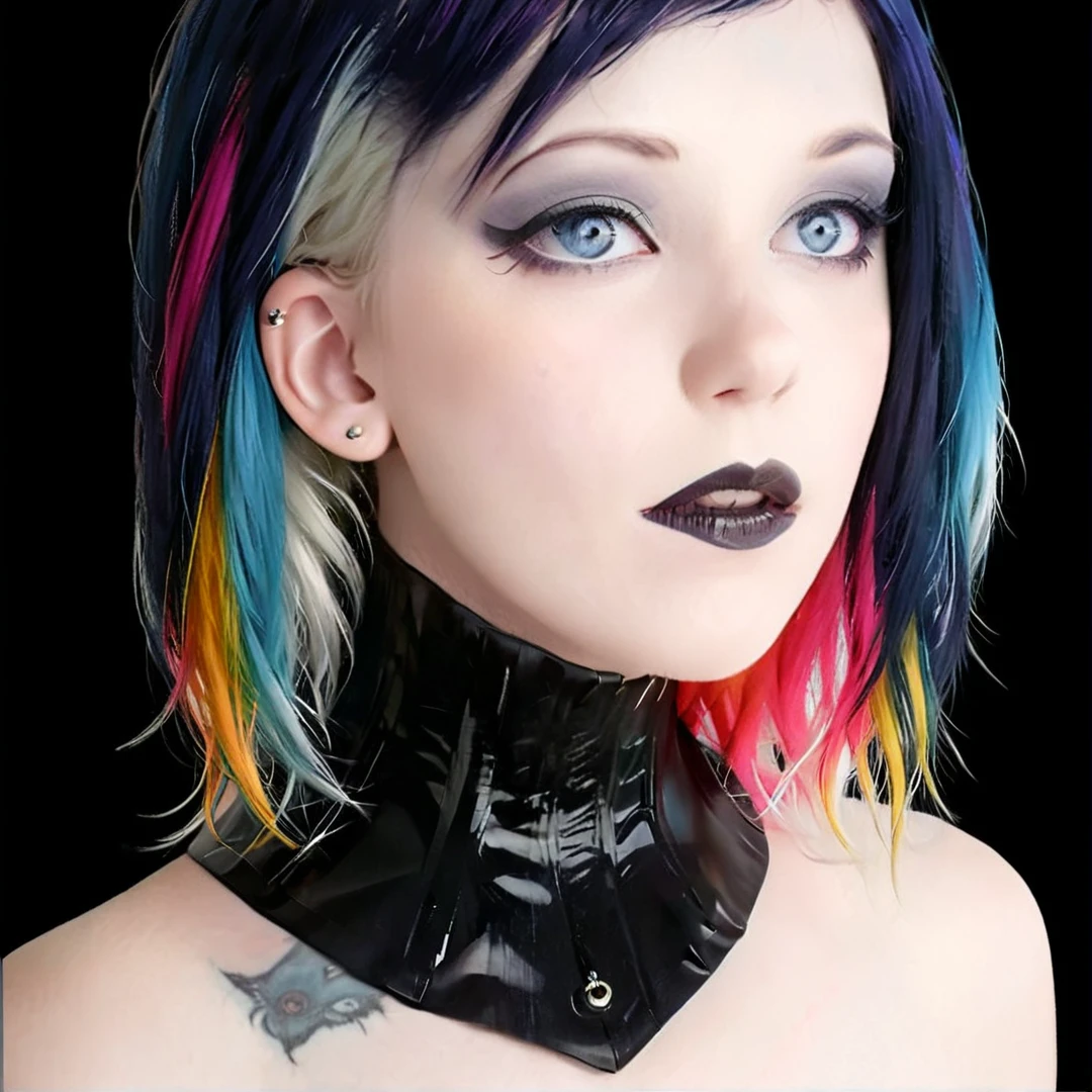 pale skinned young emo goth girl with multicolored hair and blue eyes,makeup, black lipstick, Masterpiece;highly detailed; extreme,octane render, zbrush, blender, 3d,post-processing,HDR; lightning; volumetric; cinematic; ray tracing; RTX;radiant light rays,subsurface scattering,soft edge lighting,realistic shadows;vibrant colors,high-res, 8k,16k,32k,Playful shadows dance across her face,