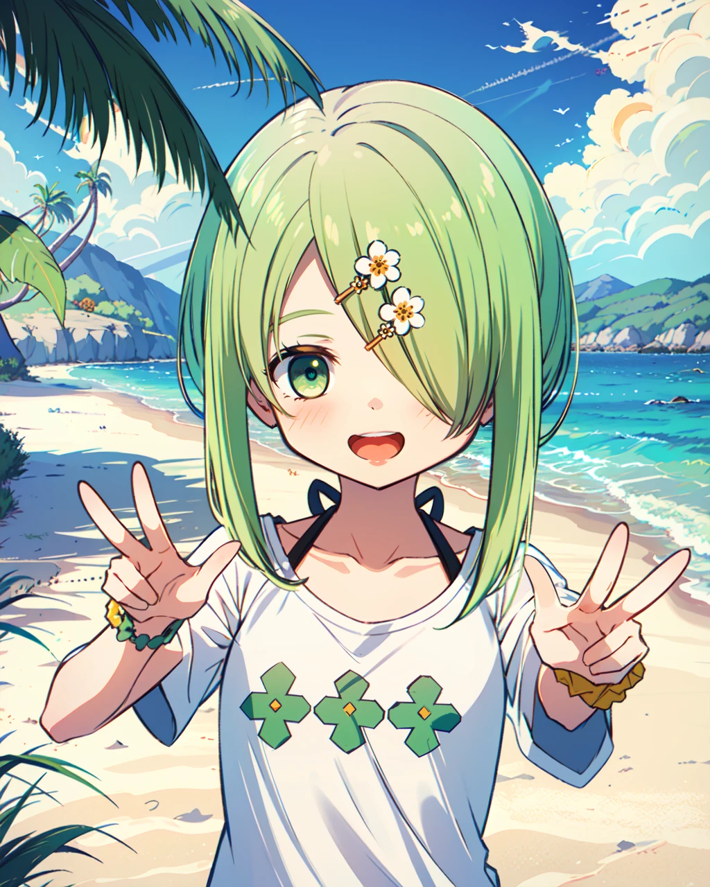 masterpiece, high quality, mgrcshiguremiyabi, 1girl, upper body, medium shot, green hair, green eyes, one eye covered, yellow swimsuit, white t-shirt, flower wrist wrap, double orange hairpin, outdoors, beach, day, dynamic pose, hands outstretched, mouth open, smiling, <lora:mgrcshiguremiyabi:0.75>