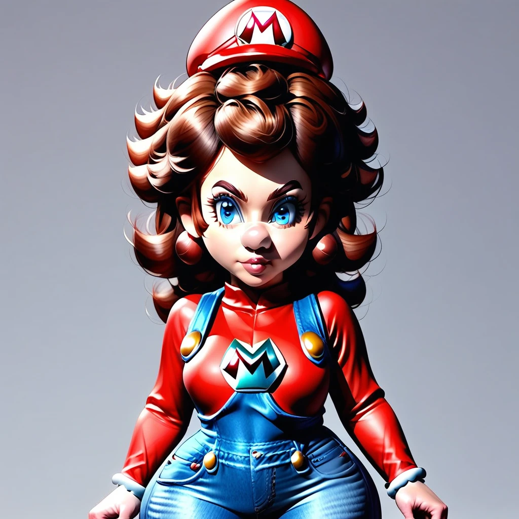 Mariette, facing forward, mario hat, adult woman, brown hair, lightly curly hair, blue eyes, average bust, wide hips, denim coveralls, red shirt