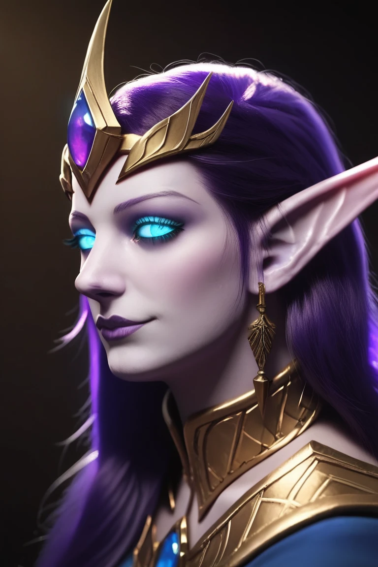 score_9, score_8_up, score_8, (masterpiece, best quality, highly detailed, realistic), source_western, 2.5d, screencap, profile portrait of kikmon as a void elf, long bushy purple hair, vlue skin, colored skin, looking at the viewer, (wearing purple and gold mage robes:1.2), close up, pointy ears, colored sclera, blue eyes, glowing eyes, no eyes, no pupils, side view
 <lora:Kiki_de_Montparnasse_Pony:0.8> kikmon,