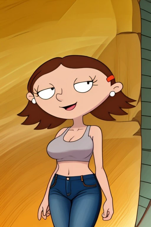 hey arnold, cartoon, nickelodeon, girl, ruth is a very sexy,eyes detailed (focus on face) ,big breasts ,smile, looking at the viewer, show bra,she dresses in a blue tank top and mini skirt. She has brown hair and wears it down with two red barrettes on the sides, and she also wears suspenders. the shape of its head is ellipse