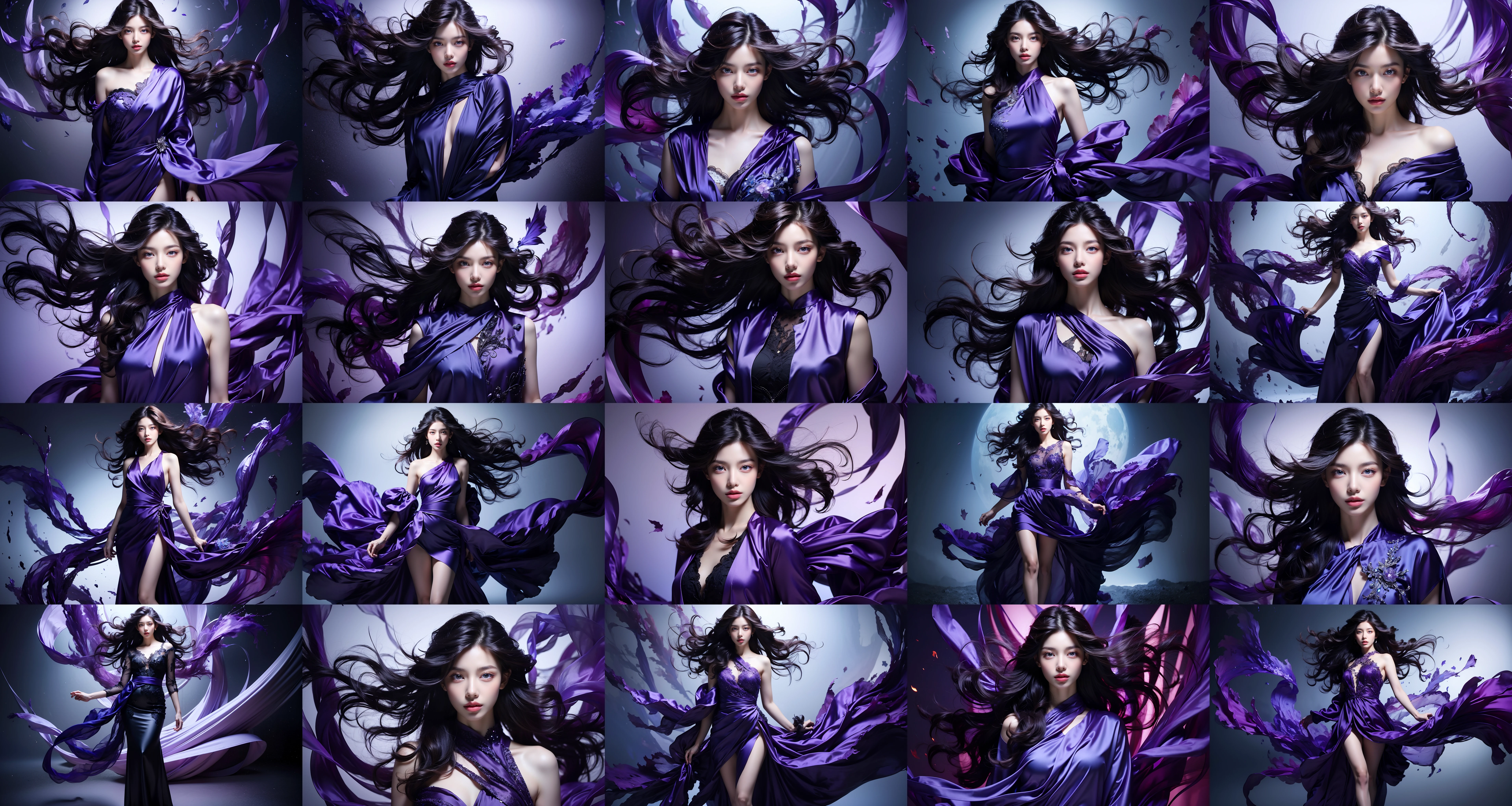 Prompt: photorealistic,realistic,photography,masterpiece,best quality,ultra-detailed,extremely detailed CG unity 8k wallpaper,(reality: 1.4),1girl,solo,long hair,messy hair,looking at viewer,blue eyes,black hair,wind,floating hair,(full body),standing,parted lips,lips,flowing purple satin with intricate details,science fiction,realistic,nose,science fiction,Purple torn dress,Purple air,
 <lora:jay-purple air:0.8>