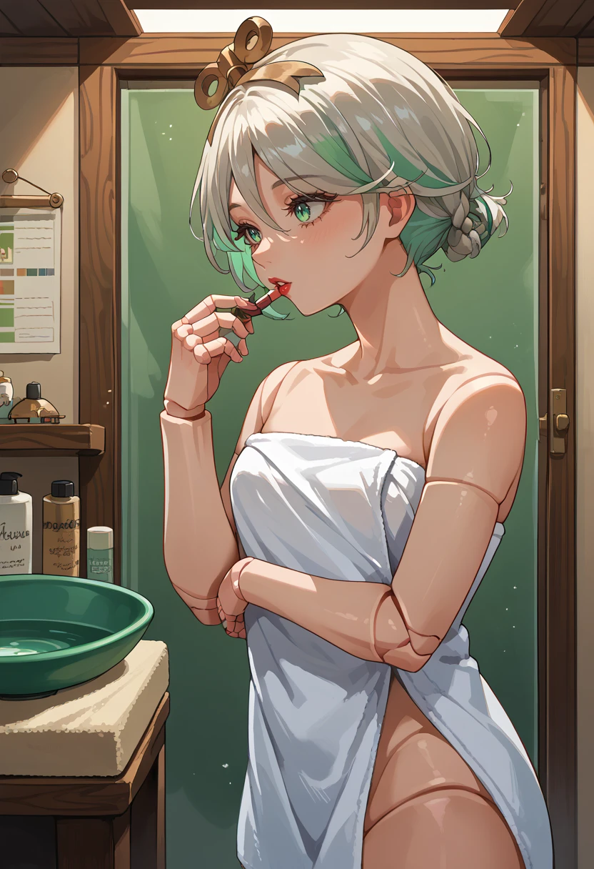 score_9, score_8_up, source_anime, 1girl, solo, applying lipstick, holding lipstick tube, CeciliaImmergreen, hair ornament, doll joints, short hair, braid, naked towel, indoors, <lora:ChamApplyingLipstickPonyXL:1>, <lora:ChamCeciliaImmergreenPonyXL:1>