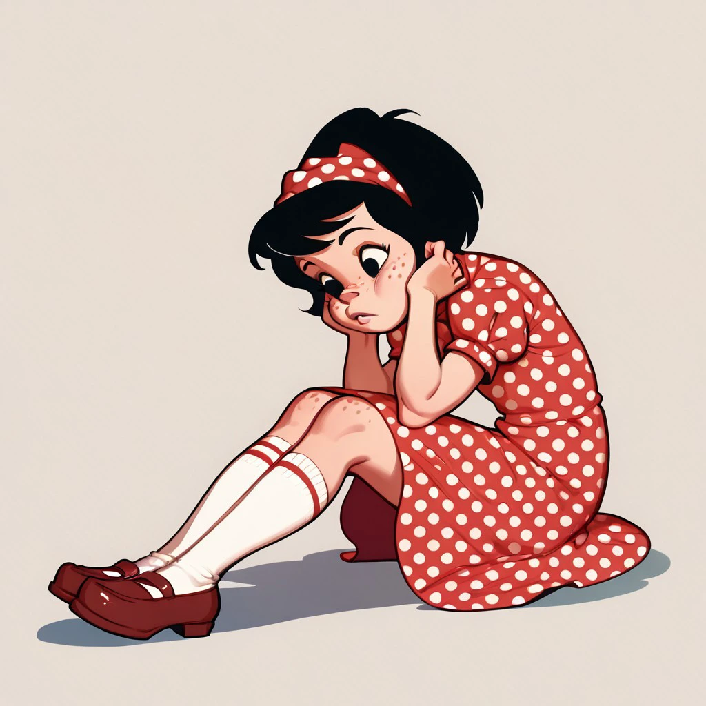 score_9, score_8_up, score_7_up BREAK Yuyito, 1girl, black hair, red polka dot headband, black eyes, freckles, red white polka dot dress, puffed sleeves, white socks, brown mary jane shoes, closeup, face closeup,
