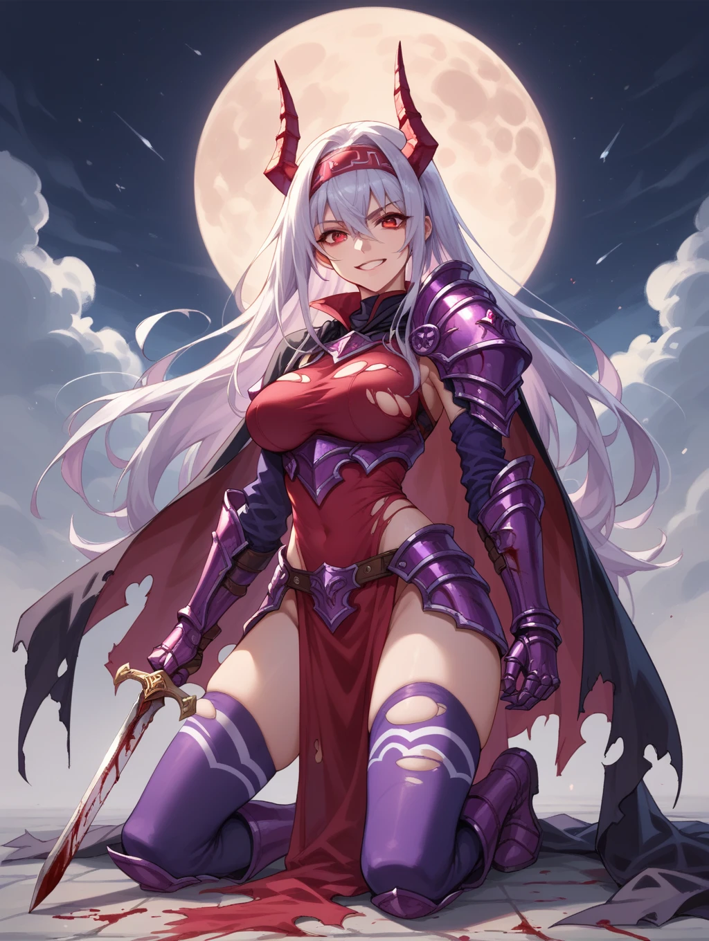 masterpiece, best quality, highres, extremely detailed, (cg illustration),
((1girl as armored demon girl knight with demon horns and slit pupils and fangs)) with
detailed face and glossy detailed red eyes and pointy ears,
(night, red moon), outdoors, medieval, gothic castle, cloudy,
(painterly, depth of field), fine details, authentic, ((nsfw)), cowboy shot, medium shot,
(solo, female focus, solo focus), face focus,
(she wears ornate steel highleg armor and thong leotard) and elbow gloves and fingerless gloves and armored thighboots,
(looking at viewer), blushing, confident, light grin,
bursting breasts, cleavage, partially visible vulva, cameltoe,
upright,
(sharp, cel shading), outline, dynamic lighting, toon \(style\), fantasy, baroque, traditional media,
<lora:add_detail:0.3>,
