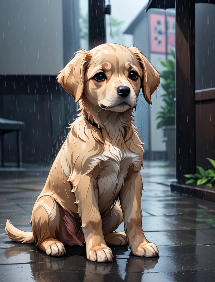 art by cc-anime,photo, a puppy sitting in the rain, sad, lonely, dull colors, monotone, natural lighting, 8k, raw, masterpiece, great quality, intricate details