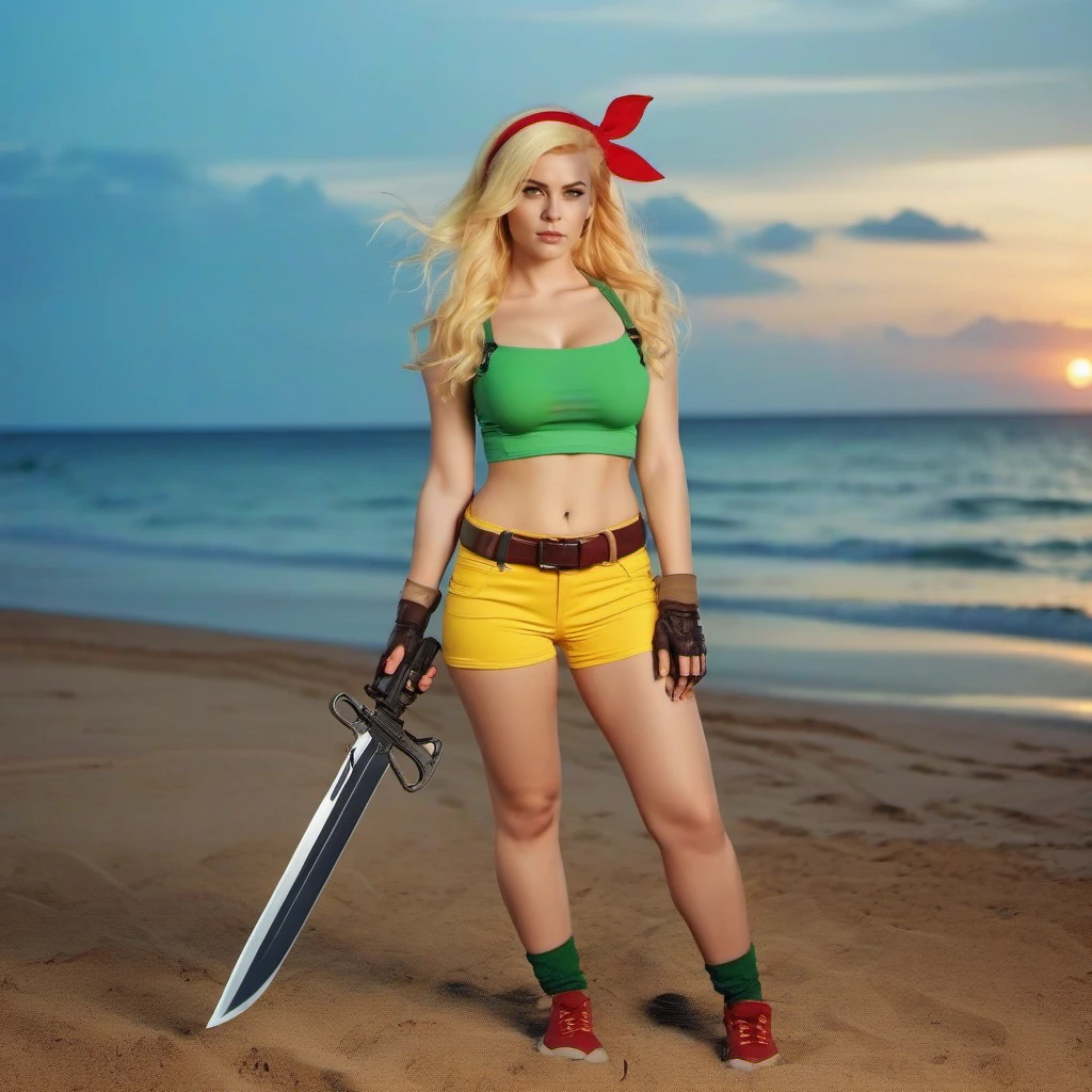 cinematic photo full body portrait 1girl, yellow short, green crop top, rel belt,blond hair, midriff, fingerless gloves, long hair, red hairband,  navel, large breast, holds weapons on island beach,  sunset<lora:Lunch1024:0.8> . 35mm photograph, film, bokeh, professional, 4k, highly detailed