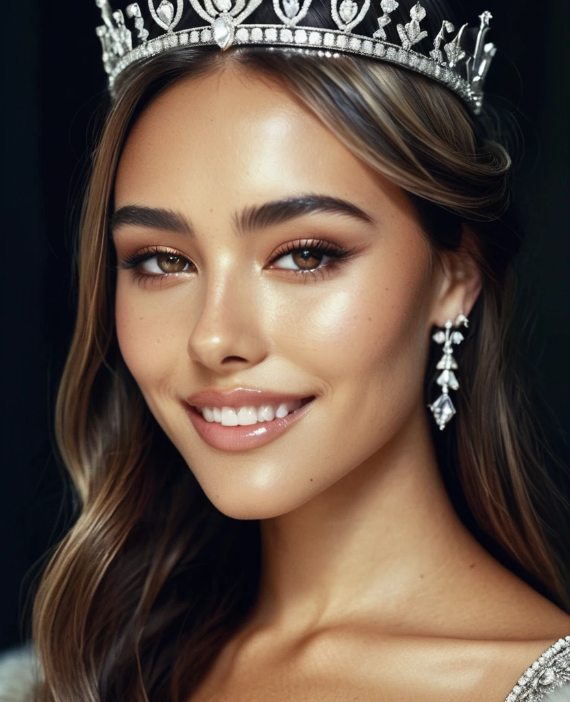 Hyperrealistic art half body photo of m4d1s0n a woman,(Skin texture),High quality,Closeup face portrait photo, analog, film grain, dressed as a medieval queen with a delicate diamond tiara,regal, bright smile,looking at the viewer,    <lora:mads2020v276:.8> . Extremely high-resolution details, photographic, realism pushed to extreme, fine texture, incredibly lifelike