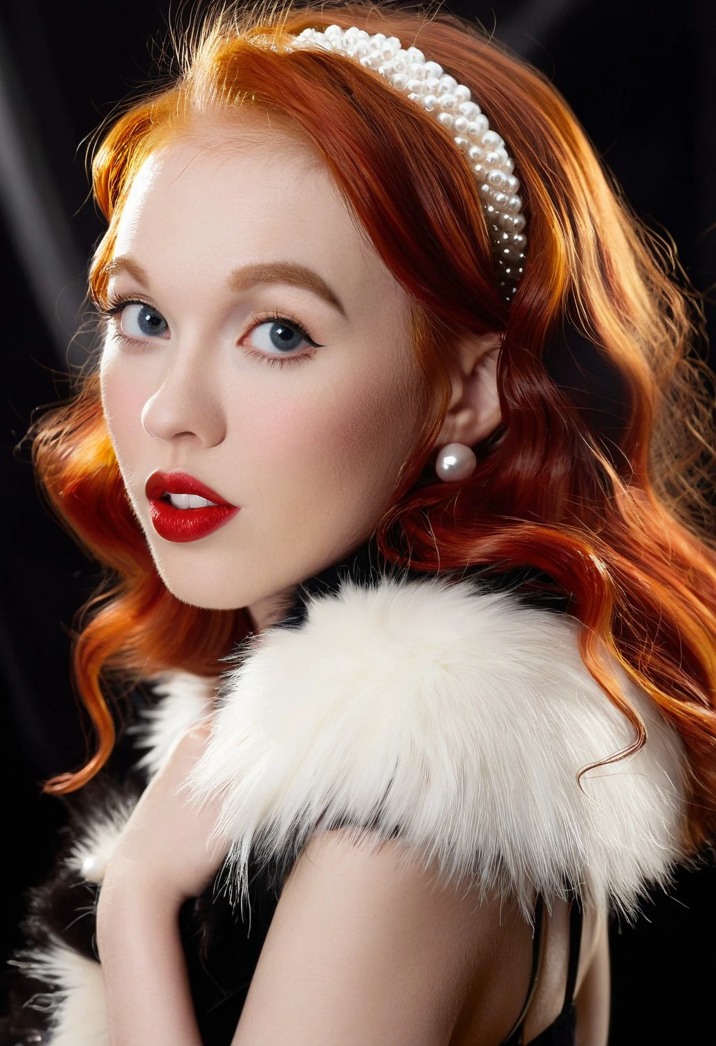 <lora:DollyLittle_SDXL_v2.0a:.9> 
Capture a captivating artistic headshot of a ohwx woman with fiery red hair styled in a classic Hollywood wave. Her detailed eyes have a touch of mischief, accentuated by a bold red lip and a perfectly arched brow. Adorn her with a strand of pearls and a luxurious fur stole, reminiscent of a glamorous movie star gracing the red carpet. Bathe her in soft, diffused light reminiscent of vintage studio portraits, maintaining high resolution for detail. Employ subtle film grain for a classic touch.