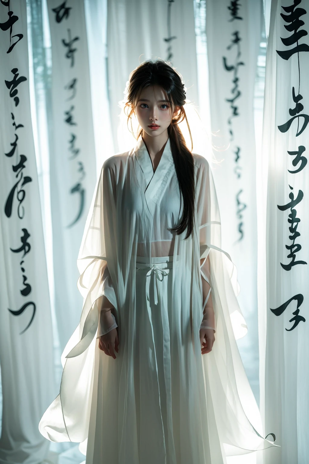 photorealistic,realistic,photography,masterpiece,best quality,ultra-detailed,extremely detailed CG unity 8k wallpaper,(reality: 1.4),1girl,solo,long hair,closed mouth,looking at viewer,full body,standing,parted lips,lips,wide sleeves,see-through, white chinese text,Chinese calligraphy in background, <lora:JAY-Calligraphy Chinese:1>