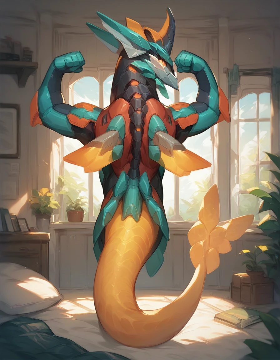 score_9, score_8_up, score_7_up, score_6_up, mecha, aurelionsol, eastern dragon, feral, tail, wings, [8rj], solo, flexing, bedroom, inside, looking back at viewer, detailed, rear view, 5 fingers