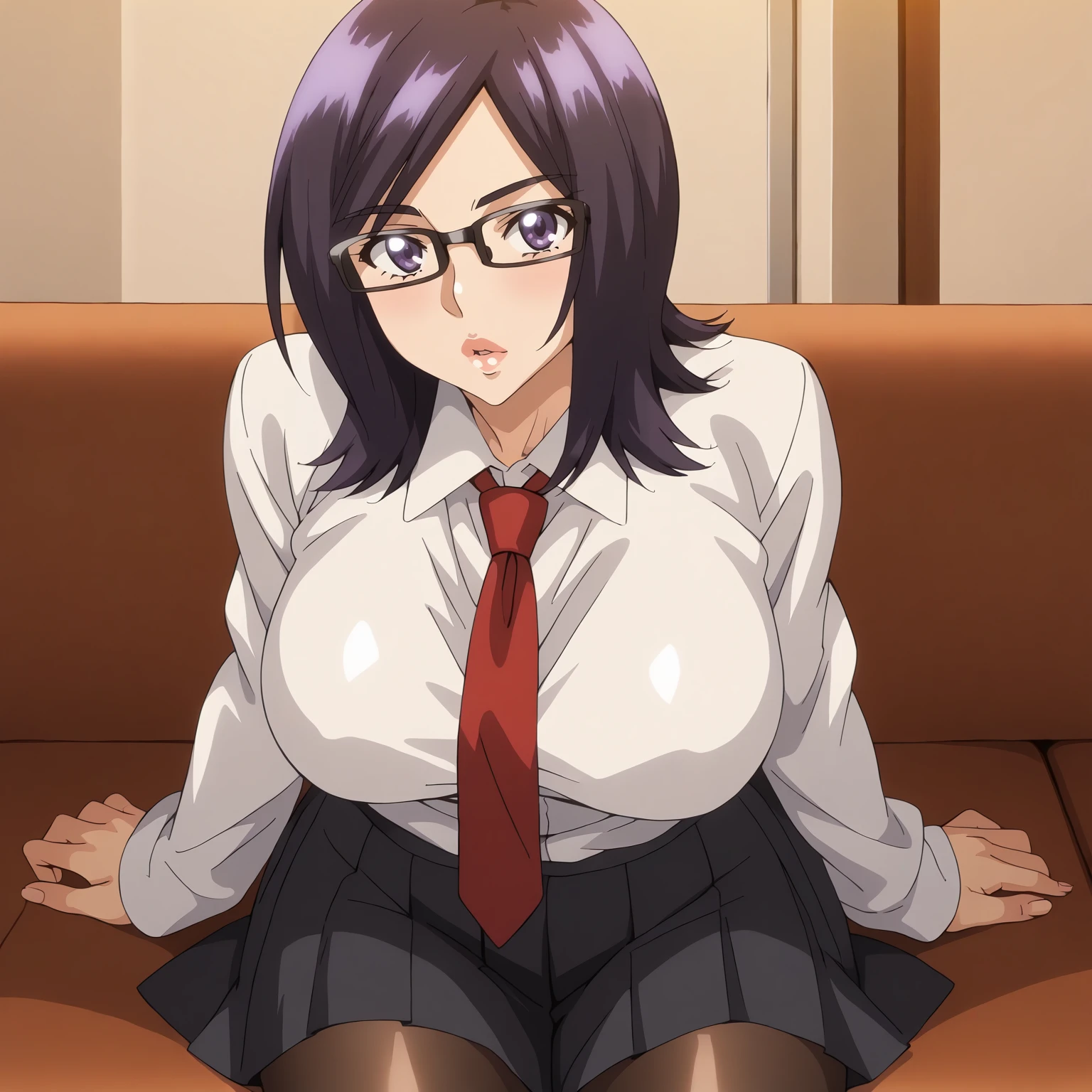 <lora:NatsumeKawashimaXLpony001>,
looking at viewer,parted lips,
solo,
NatsumeKawashima,1girl,purple black hair,medium hair,purple eyes,eyewear,
large breasts,
white shirt,red tie,
pleated_skirt,black skirt,
black_pantyhose,
indoors,sofa,
sitting,