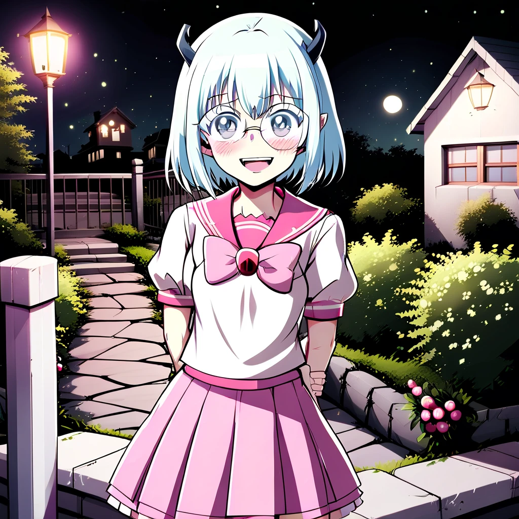 best quality, masterpiece, detailed, Crocell Kerori, smile, closed mouth, light blush, happy, light blue hair, short hair, blue eyes, horns, round eyewear, colored eyelashes, KeroriSchoolUniform, school uniform, serafuku, pink skirt, bow, standing, looking at the viewer, halloween, outdoors, night