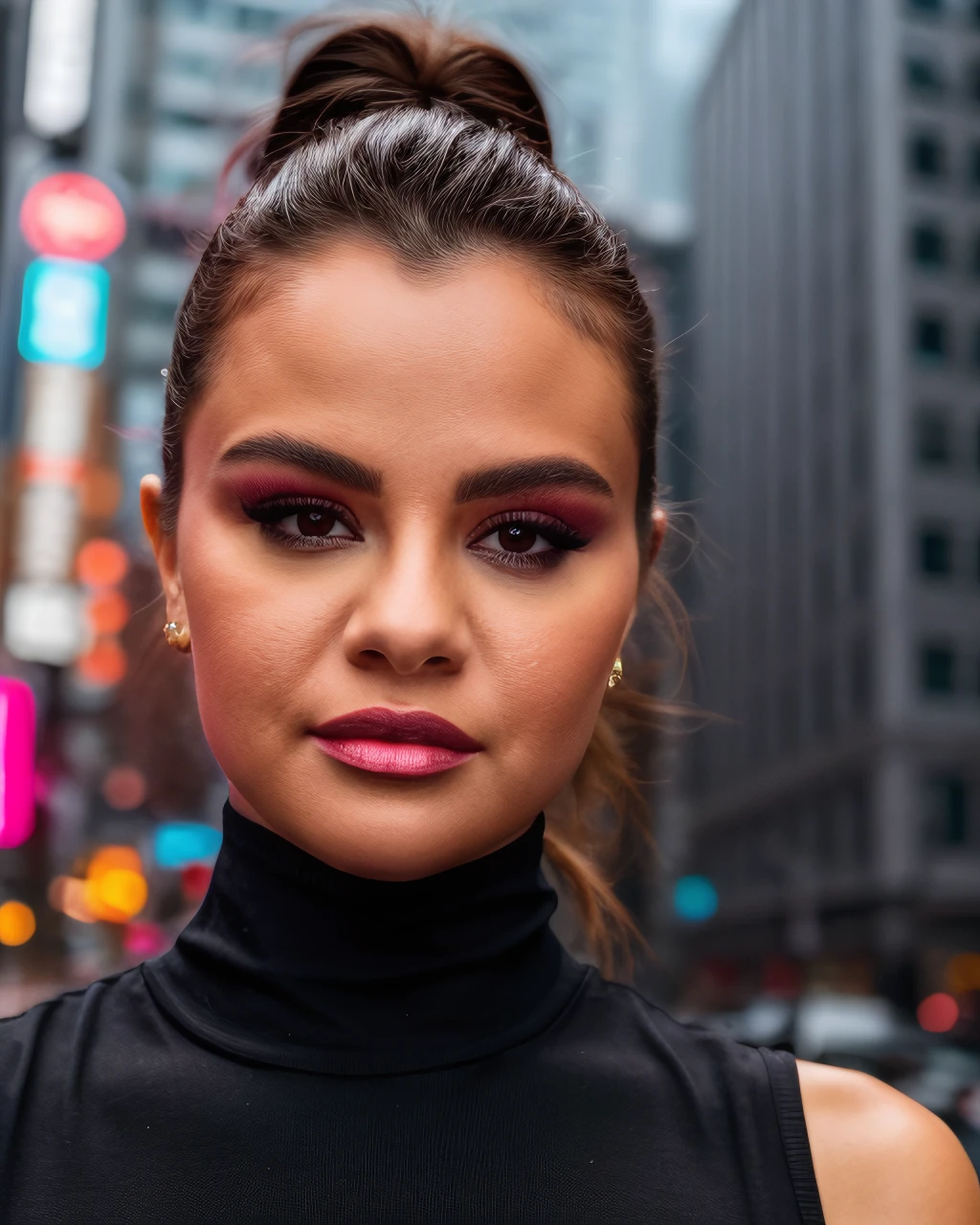 neon noir sgo, masterpiece,  black hair, shiny lips, parted lips, brown eyes,, detailed eyes, ponytail, urban background, blurry, <likenesshelpbyshurik3>, sharp focus, close up, makeup, turtleneck . cyberpunk, dark, rainy streets, neon signs, high contrast, low light, vibrant, highly detailed
