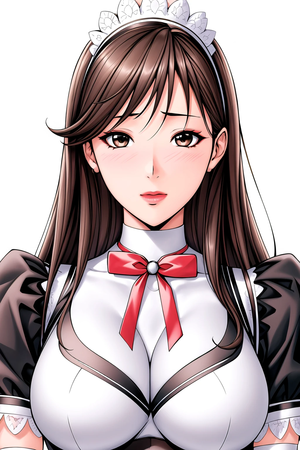 Simple Background,White Background,
dynamic pose,standing at attention,
Maid, maid headdress, maid apron, puffy sleeves, short sleeves, elbow gloves, 
<lora:Mizutani_Risa_Gtaste-KK77-V1:0.7>,red ribbon, 
brown eyes, brown hair,bangs,Long hair,
<lora:more_details:0.1>,<lora:Oda_Non_Style-KK77-V2:0.3>,<lora:Sexy_AIart-KK77-V1:0.3>,
1 girl, 20yo,Young female,Beautiful long legs,Beautiful body,
Beautiful Nose,Beautiful character design, perfect eyes, perfect face,expressive eyes,perfect balance,
looking at viewer,(Focus on her face),closed mouth, (innocent_big_eyes:1.0),(Light_Smile:0.3),
official art,extremely detailed CG unity 8k wallpaper, perfect lighting,Colorful, Bright_Front_face_Lighting,White skin,
(masterpiece:1.0),(best_quality:1.0), ultra high res,4K,ultra-detailed,
photography, 8K, HDR, highres, absurdres:1.2, Kodak portra 400, film grain, blurry background, bokeh:1.2, lens flare, (vibrant_color:1.2),professional photograph,
(Beautiful,large_Breasts:1.4), (beautiful_face:1.5),(narrow_waist),