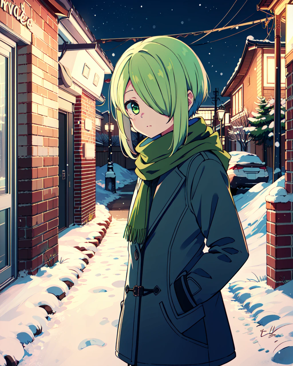 masterpiece, high quality, mgrcshiguremiyabi, 1girl, upper body, medium shot, green hair, green eyes, one eye covered, blue scarf, blue winter coat, outdoors, city, street, winter, snow, snowfall, night, hands in pockets, <lora:mgrcshiguremiyabi:0.75>