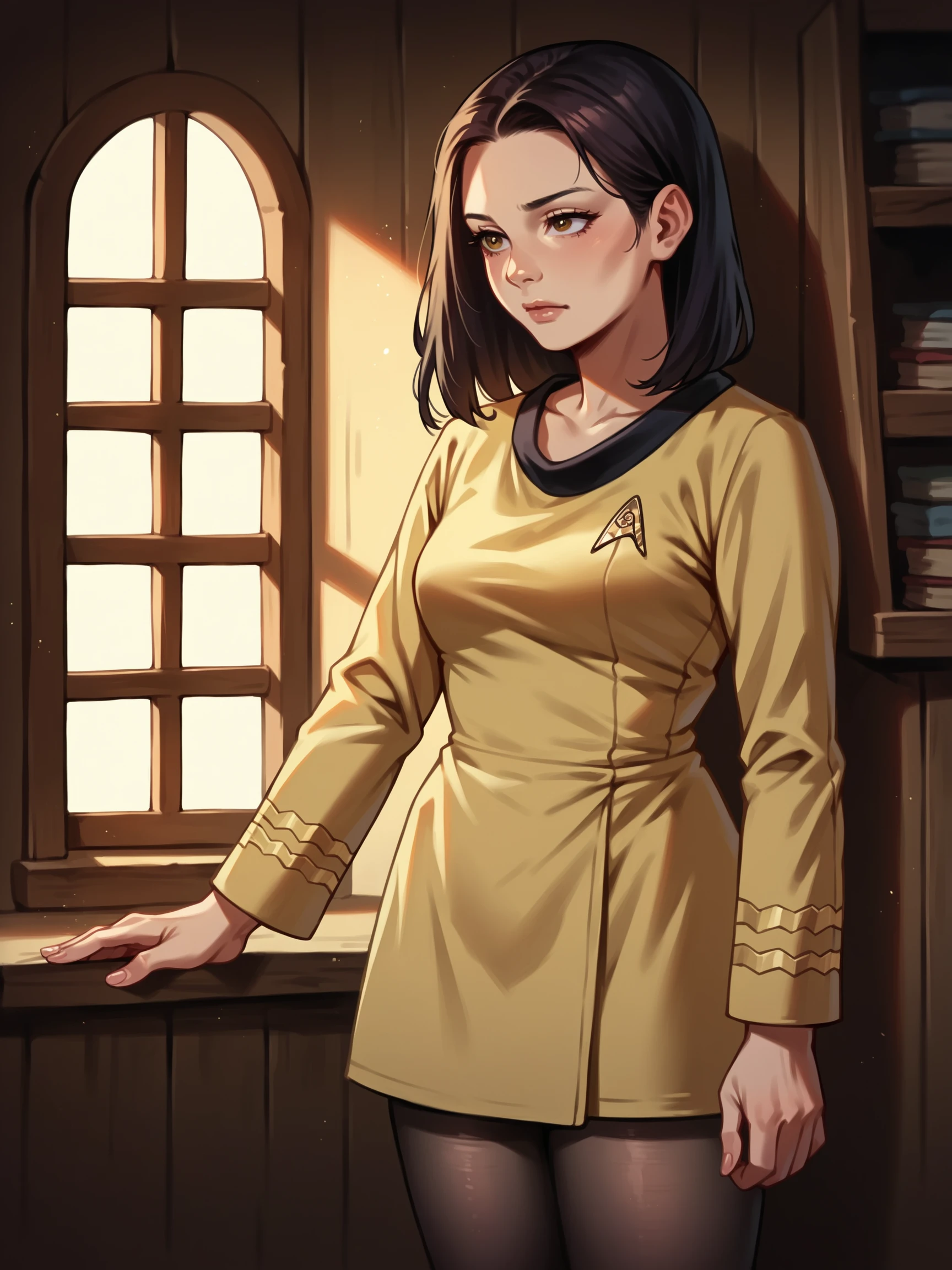 score_9, score_8_up, score_7_up, score_6_up, score_5_up, score_4_up,source_anime,1girl in stunf,star trek uniform yellow dress,content,at a small cottage with firewood,long sleeves,pantyhose<lora:ponytosnewV2:0.8>