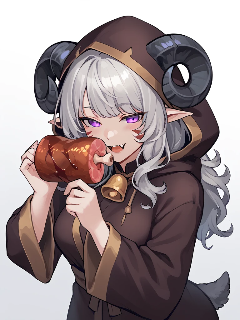 <lora:boned_meat_manga_meat:1> boned_meat, holding_food, fangs, holding meat, 
source_furry, score_7_up, rating_safe, cowboy shot, gold necklace, tiefing, short pointed ears, horns, (a pair of brown sheep Horns that begin at her temples and curve back: 1.5), bangs,long silver hair long wavy hair, pale skin,<lora:whisker_markings:0.8> whisker_markings:1.4 , pointy ears, purple eyes:1.2, <lora:age_slider_v4:0.6>   medium breasts, skinny female, close up, silver hair, <lora:Tieflingnew weird fantasyDND:0.3> Tiefling, pointed ears, horns, from above,  half-closed eyes:1.5,<lora:Smooth Style 2 SDXL_LoRA_Pony Diffusion V6 XL:0.5>  shepherd's crook, bell, robe, hood off, <lora:Nanoless_Artist_Style_PonyXL:0.3>