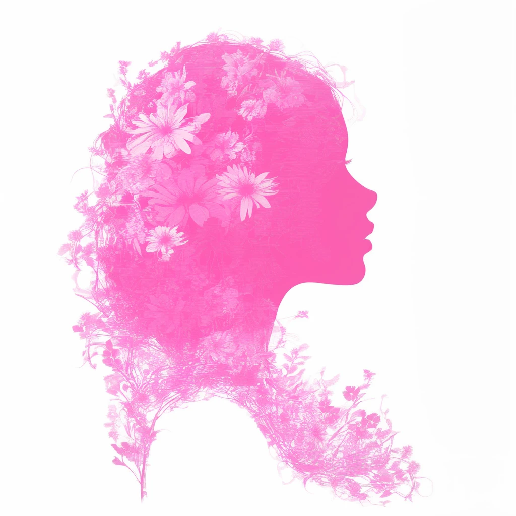 V3CT0R-BL00M, flowers, floral, 1girl, portrait, 2000s, vector graphic, pink theme, white background, flowers, minimalist, silhouette, 