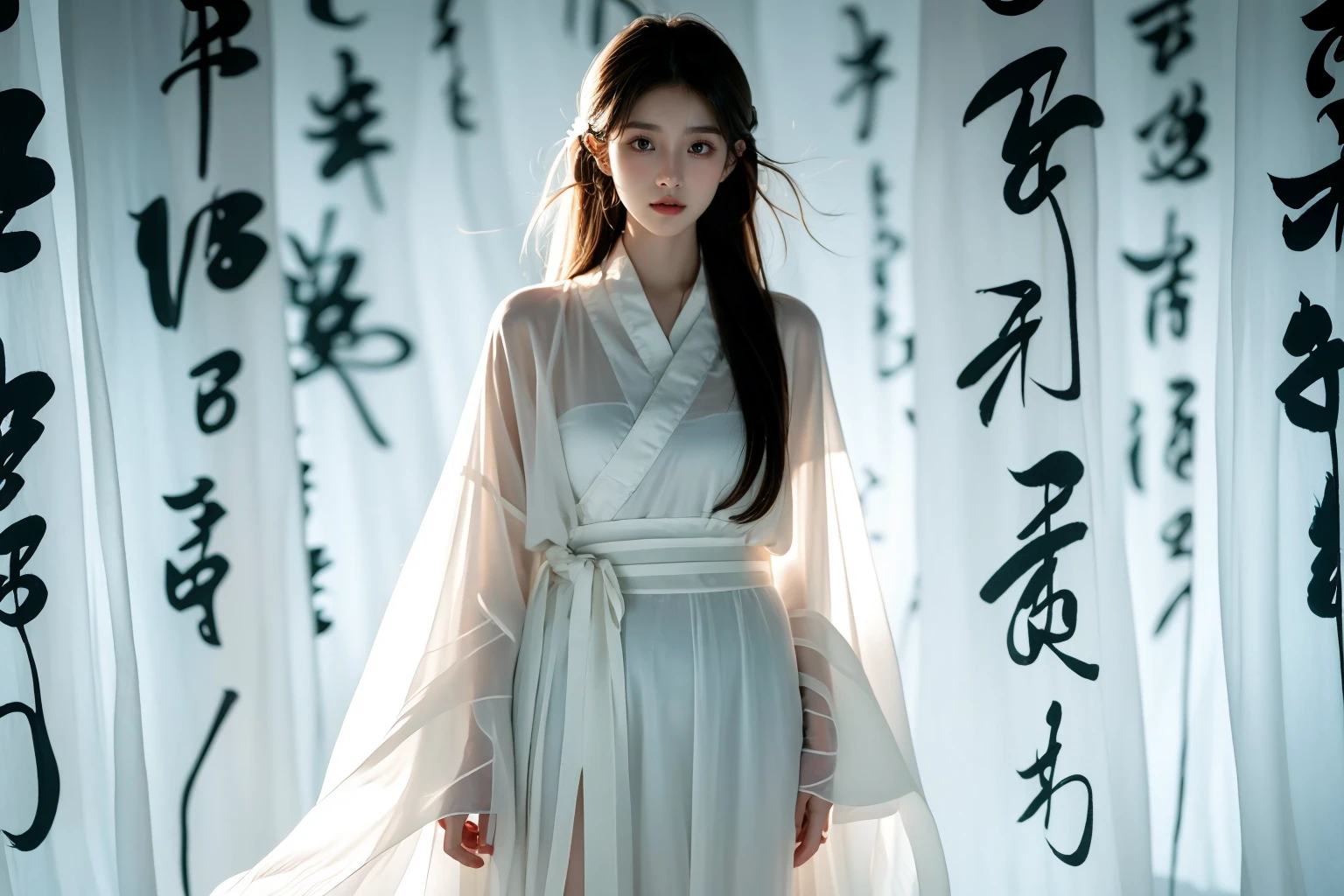 photorealistic,realistic,photography,masterpiece,best quality,ultra-detailed,extremely detailed CG unity 8k wallpaper,(reality: 1.4),1girl,solo,long hair,closed mouth,looking at viewer,full body,standing,parted lips,lips,wide sleeves,see-through, chinese text,Chinese calligraphy in background,  <lora:JAY-Calligraphy Chinese:0.8>