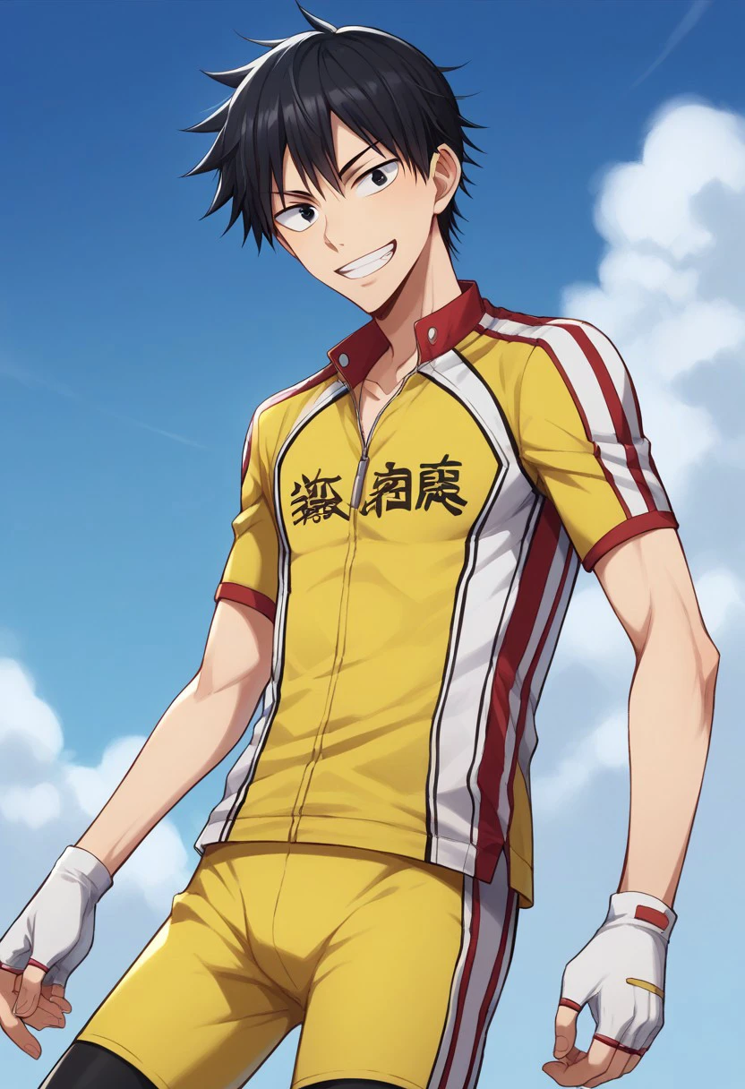 score_9, score_8_up, score_7_up, source_anime, highly detailed, 
imaizumi, 1boy, male focus, solo,  black hair, sky, black eyes, day, blue sky, upper body, gloves, fingerless gloves, bike shorts, sportwear, short sleeves, yellow shirt, yellow shorts, smile, grin,