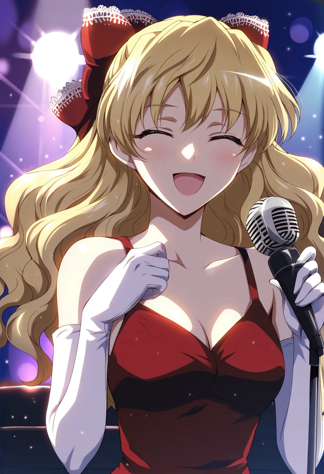 <lora:sawachika_eri_ponyxl_v8:0.8>, sawachika eri, wavy hair, long hair, hair bow, dark red bow, solo, open mouth, smile, light blush, closed eyes,
dark red dress, white gloves, elbow gloves,
stage, holding microphone, stage lights, bokeh, glowstick,
score_9, score_8_up, score_7_up, score_6_up, anime coloring, (hara \(harayutaka\):0.5), (m-da s-tarou, asou \(asabu202\):0.5), masterpiece, best quality, perfect lighting, perfect shadows