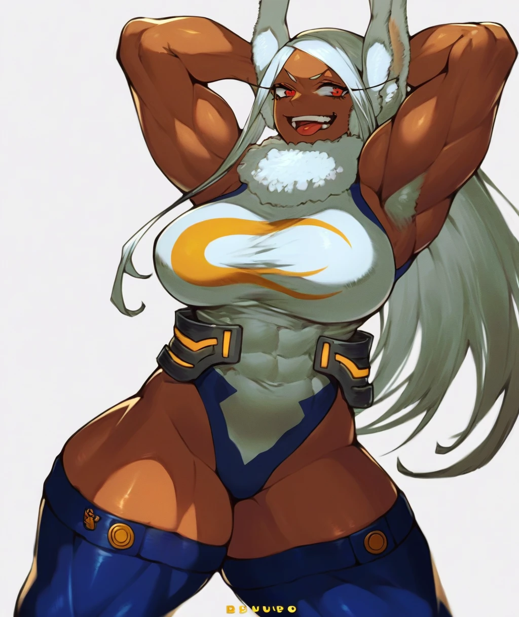 1girl, mirko, boku no hero academia, seins nue, breasts, choker, crescent print, dark skin, dark-skinned female, gloves, highleg, seins nue, large breasts, leotard, long eyelashes, long hair, muscular, parted bangs, rabbit ears, rabbit girl, red eyes, sleeveless, smile, solo, sweat, thighs, white background, white hair, cinematic lighting, masterpiece, best quality, nsfw, breasts, cameltoe,