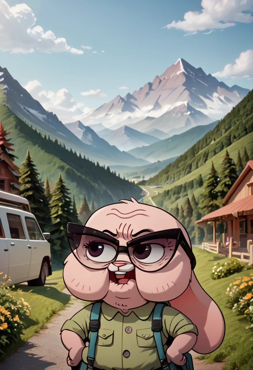 score_9, score_8_up, score_8,   <lora:Joanna_Jojo_Watterson_The_Amazing_World_of_Gumball_for_PonyXL_V2:0.8> 1girl, j0j0, bunny girl, old, solo,  glasses, mountains, view, outdoors, hiking,