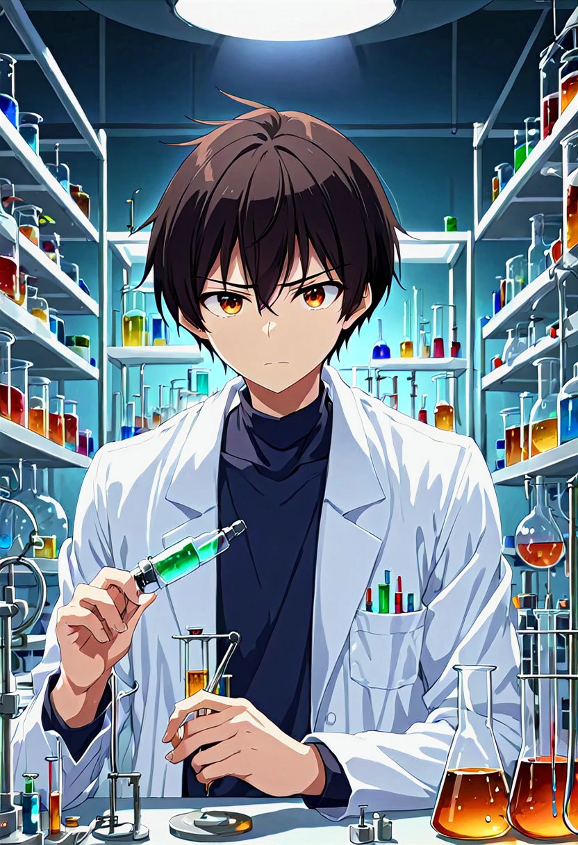 high resolution, solo, best quality, 1Boy, Seiya Kanie, Black Hair, Short Hair, Thin, Brown Eyes, Scientist, laboratory, experiment, discovery,