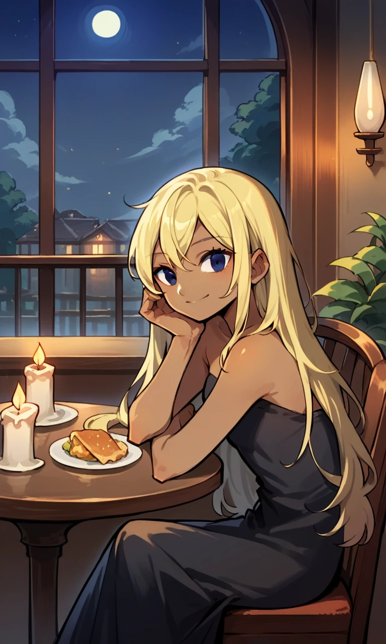 score_9, score_8_up, score_7_up, source_anime BREAK, 1girl, solo, tetra, dark skinned female, blond hair, blue eyes, black dress, restaurant, sitting in chair, table, long hair, hair down, night, candle, smile, 