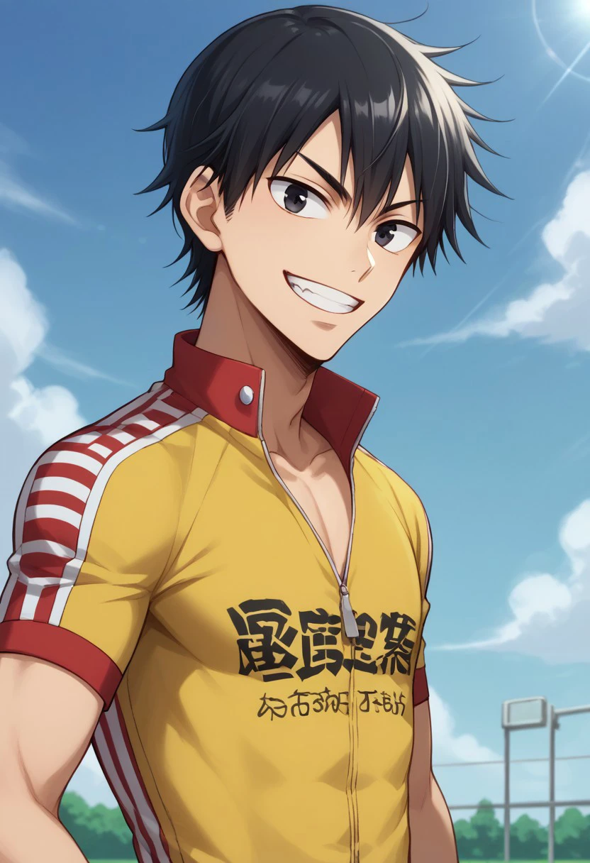 score_9, score_8_up, score_7_up, source_anime, highly detailed, 
imaizumi, 1boy, male focus, solo,  black hair, sky, black eyes, day, blue sky, upper body, gloves, fingerless gloves, bike shorts, sportwear, short sleeves, yellow shirt, yellow shorts, smile, grin,