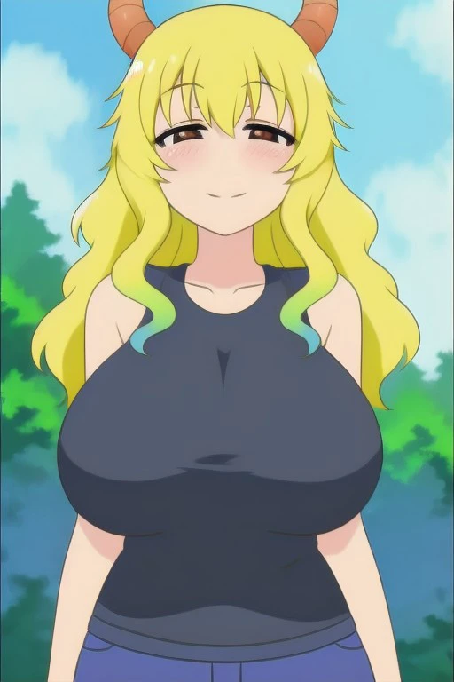 anime art style, 2d, masterpiece, best quality, very aesthetic, absurdres, dynamic shadows, atmosferic, lucoa_md, (1girl), (blonde hair), long hair, (gradient hair), green hair, blue hair, heterochromia, green eye, yellow eye, ahoge, hair between eyes, bangs, big breasts, cleavage, curvy body, collarbone, makeup, blush, (ahegao), tongue, (saliva), horns, hat, pink baseball cap, white crop top, black thong, covered nipples, sexy smile, (cowboy shot), (wariza), (spread legs), hands holding breasts, (from below), beach, clouds, sky, sun