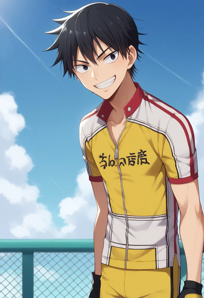 score_9, score_8_up, score_7_up, source_anime, highly detailed, 
imaizumi, 1boy, male focus, solo,  black hair, sky, black eyes, day, blue sky, upper body, gloves, fingerless gloves, bike shorts, sportwear, short sleeves, yellow shirt, yellow shorts, smile, grin,