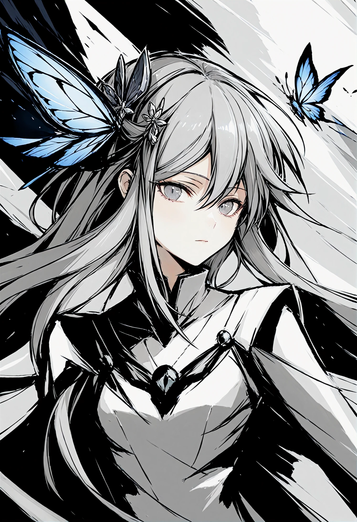 masterpiece, best quality,solo, portrait, 1girl, looking at viewer, bug, hair between eyes, grey eyes, butterfly, expressionless, closed mouth, grey hair, hair ornament
<lora:nmdXLlokr3f-000187:0.95>