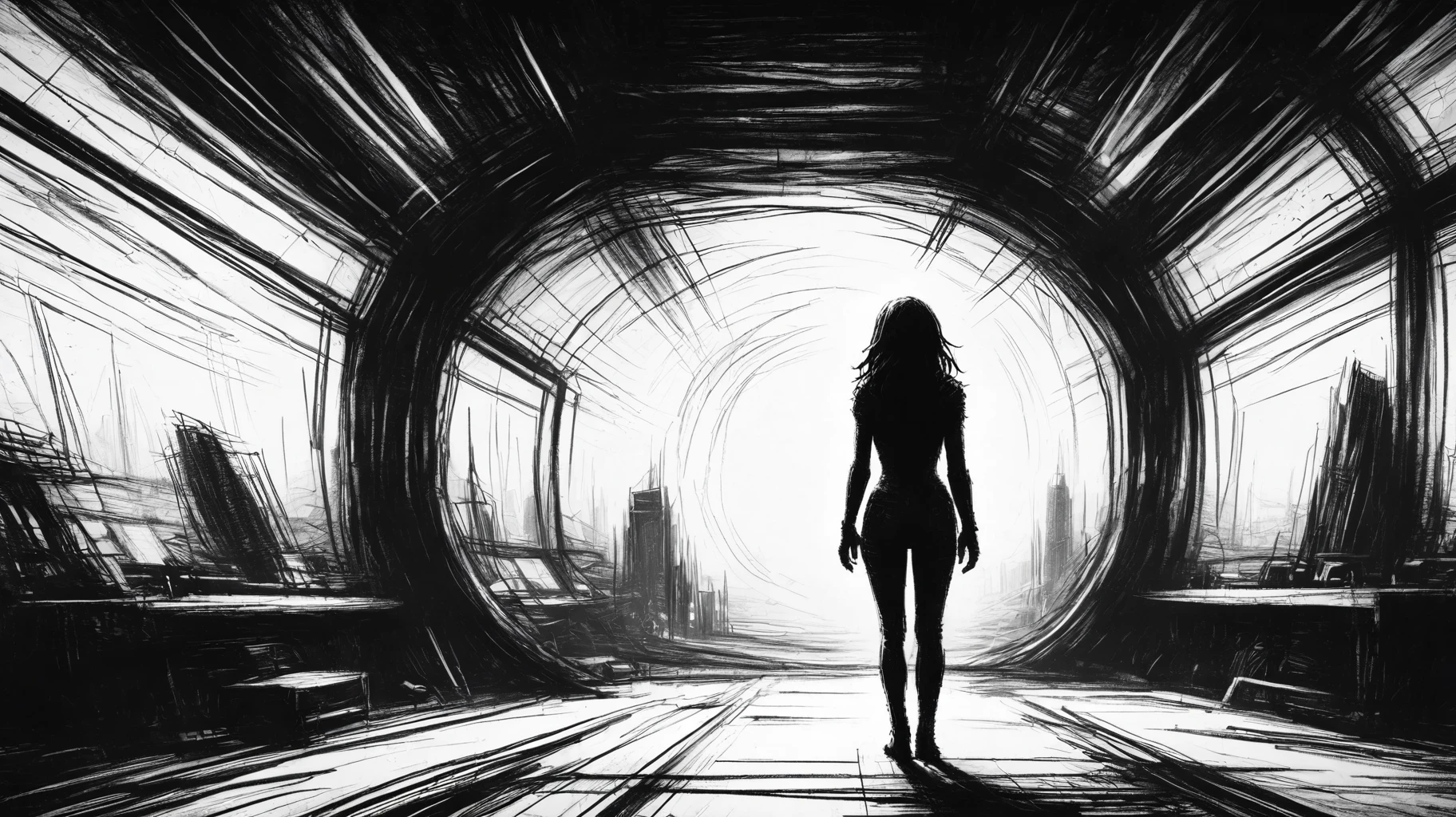 rough sketch, scribbles, woman standing in a spaceship, staring at the stars