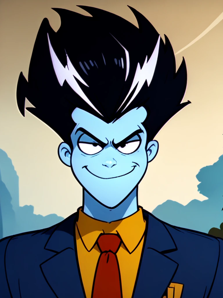 <lora:Freakazoid_-_1995-08:1.5>1boy, solo, freakazoid, muscular, mask_over_eyes, black hair, updo, lightning bolts in hair, blue skin, colored_skin, suit and tie, dark suit, well I never, smug, dramatic, acting civilized, source_cartoon, score_9, score_8_up, score_7_up,