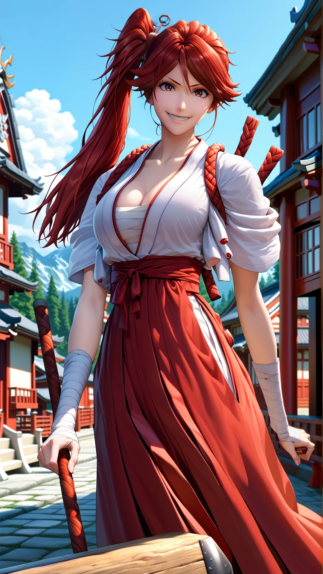 fantasy-style, (zPDXL2), (((cowboy shot)), (((sehele style))), webtoon, anime, centered, 1girl, 1woman, (((holding a wooden hammer))), hatshi, 1girl, smiling, cleavage, sarashi, vermilion red hair, vermilion eyes, vermilion ponytail on the right side, bandages, shrine maiden's outfit, outdoors, Japan town background, <lora:sd_xl_dpo_lora_v1:1>, <lora:OMG-Is-DucHaiten_v1.0:0.1>, <lora:Seunghee_Lee_Style_PDXL:1>, <lora:ManhwaSDXL:0.8>,  <lora:hatshi_PonyXL_r1:0.8>