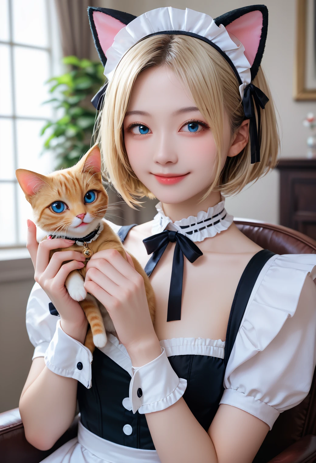 1girl,12 years old,(cleavage between breasts:1.4), european girl, (bright blonde hair:1.4), blue eyes, beautiful eyes, extremely pretty, cute, perfect face, fascinating smile, captivating smile, happy smile, large round eyes, Gentle facial expression, (holding a cute kitten:1.3), looking at viewer,  masterpiece,realistic, white panties,round big eyes, shiny skin,small nostrils,light makeup, (french traditional black maid costume:1.2) ,maid headdress, short hair, socks, shallow depth of field,