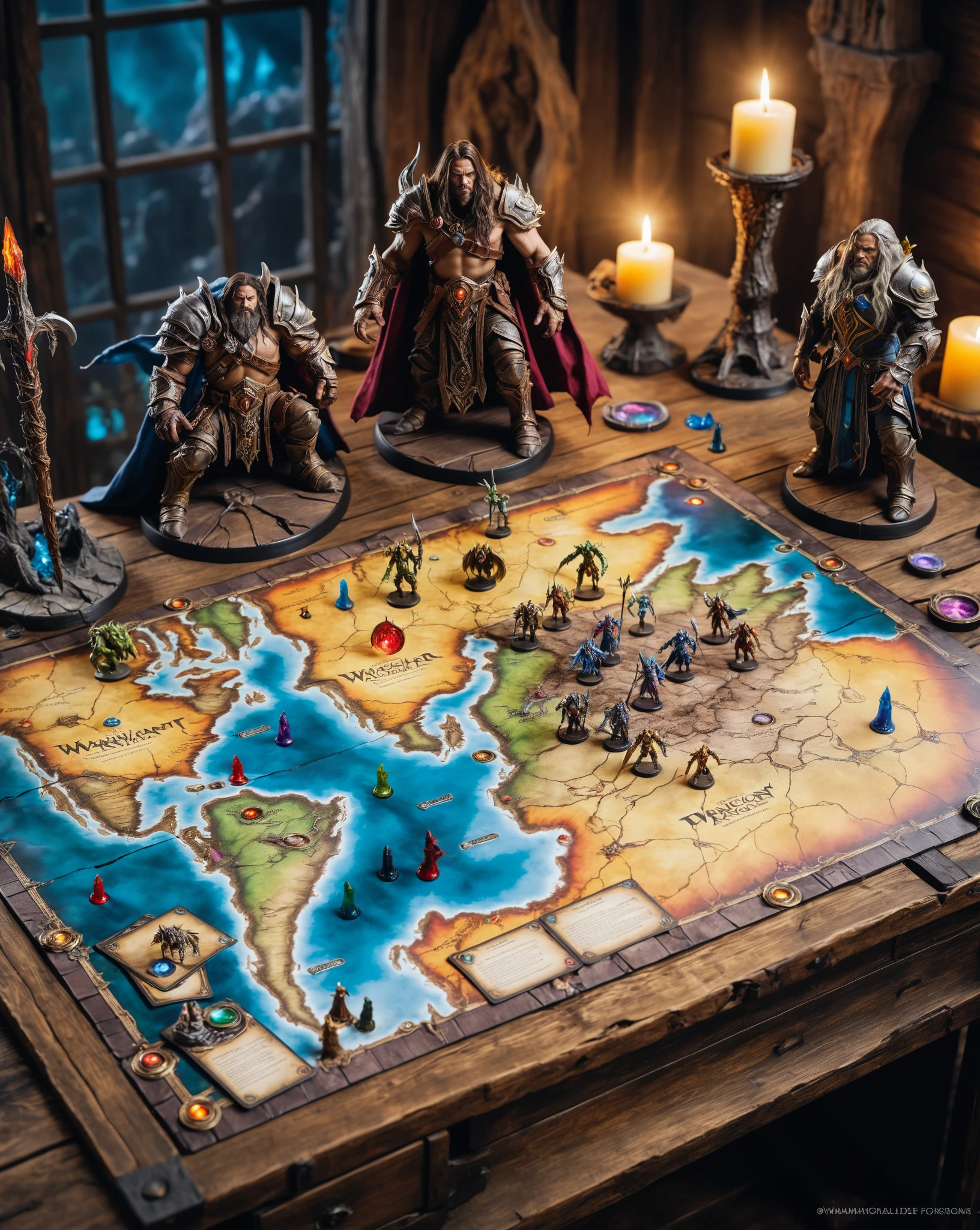 an enormous large living real magical Dungeons & Dragons tabletop board game with Warhammer hero miniature (action figurines:1.1), Magic the Gathering game cards, tilt shift lens effect, monster miniatures, torn and worn, map looks to be floating off the paper, sitting on a worn vintage wooden wizard's desk, magical multicolored ink, high quality, imagination, 8k, fantasy art, vivid magical colors, colorful gaming dice, World of Warcraft, Lord of the Rings, depth of field, bokeh