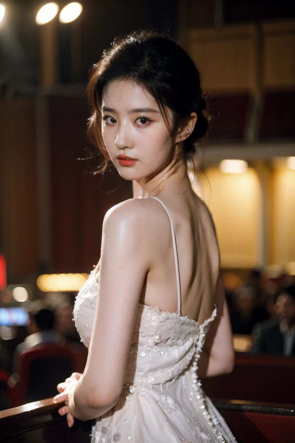 Best quality, masterpiece, ultra high res, (photorealistic), raw photo,1girl, upper body,solo, realistic, looking at viewer, bokeh background, concert hall, formal gown,  <lora:makina69_liuyifei_v1.0:1>