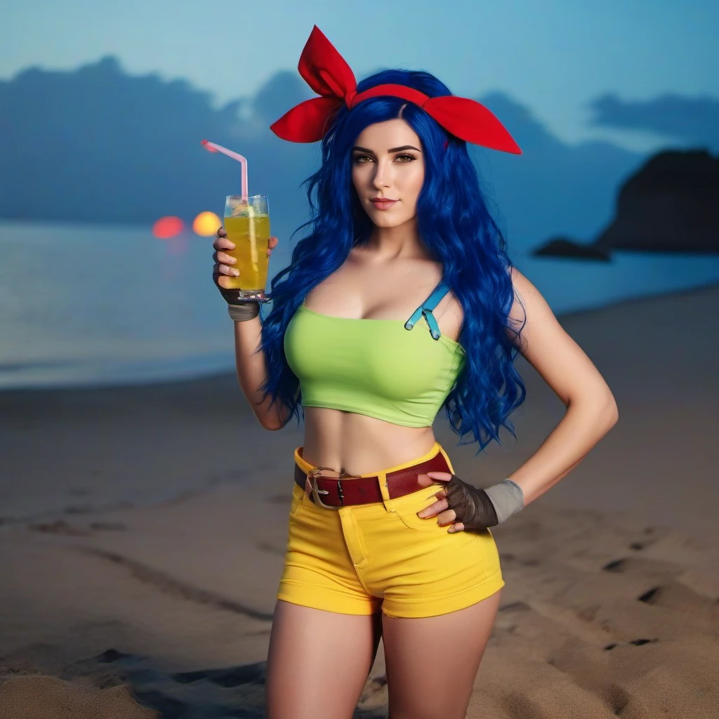 cinematic photo full body portrait 1girl, yellow short, green crop top, rel belt,blue hair, midriff, fingerless gloves, long hair, red hairband,  navel, large breast, having a cocktail on island beach,  sunset<lora:Lunch1024:0.8> . 35mm photograph, film, bokeh, professional, 4k, highly detailed