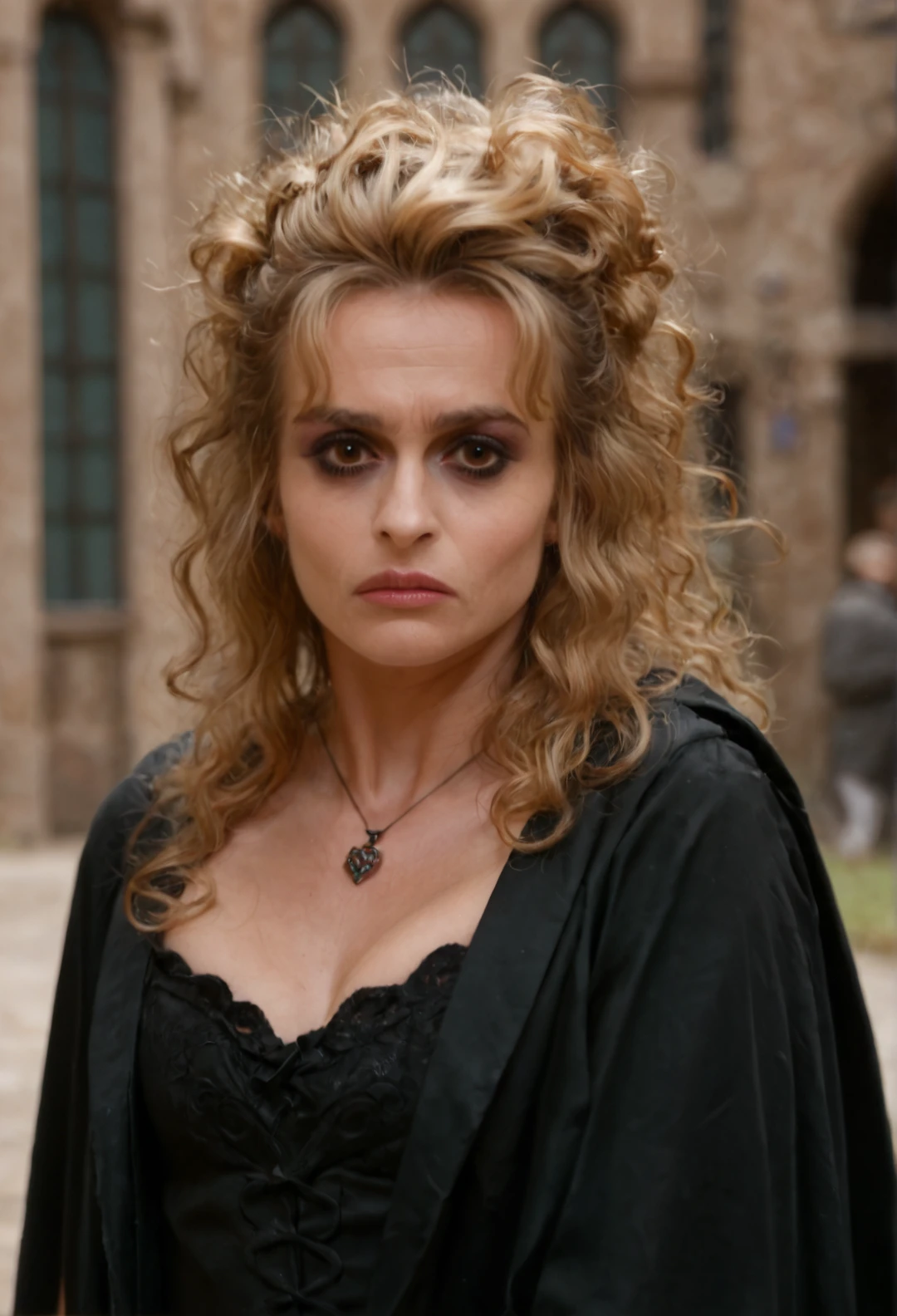 score_9, score_8_up, score_7_up, bellatrix,  1girl, solo, long hair,  looking at viewer, blonde hair,  brown eyes, jewelry, necklace, lips, messy hair, curly hair, realistic, hogwarts, outdoor, dark, emo, gothic, crazy, frown, makeup, black cape