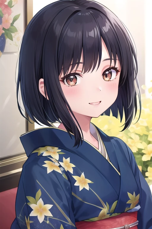 ((masterpiece)),(best quality),official art,extremely delicate and beautiful,extremely detailed CG,unity 8k wallpaper,ultra detailed,beautiful detailed eyes,extremely detailed face,outdoors,1girl,solo,upper body,(portrait:1.5),looking at viewer,facing viewer,smile,Shiratori Ayame,black hair,short hair,bob cut,bangs,brown eyes,japanese clothes,blue kimono,sash,red obi,floral print,long sleeves,wide sleeves,tabi,zouri,<lora:Shiratori Ayame(oncr)>,