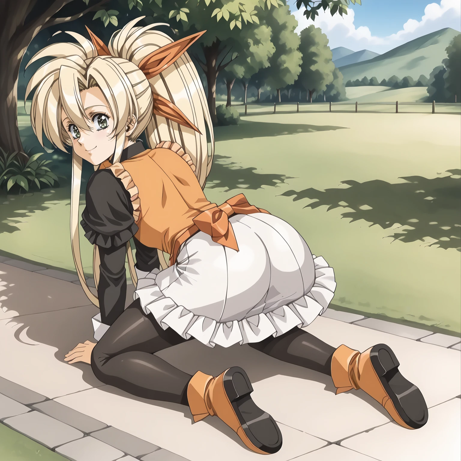 1girl, solo, multiple colored hairs, maid, black cat tail, black thighhigh, leaning forward, outside, charm posing, paw stamps background, upskirt, (view from behind), open mouth, moaning, blush, panting, orgasm, long blonde hair, a man fucks her anus, anal,