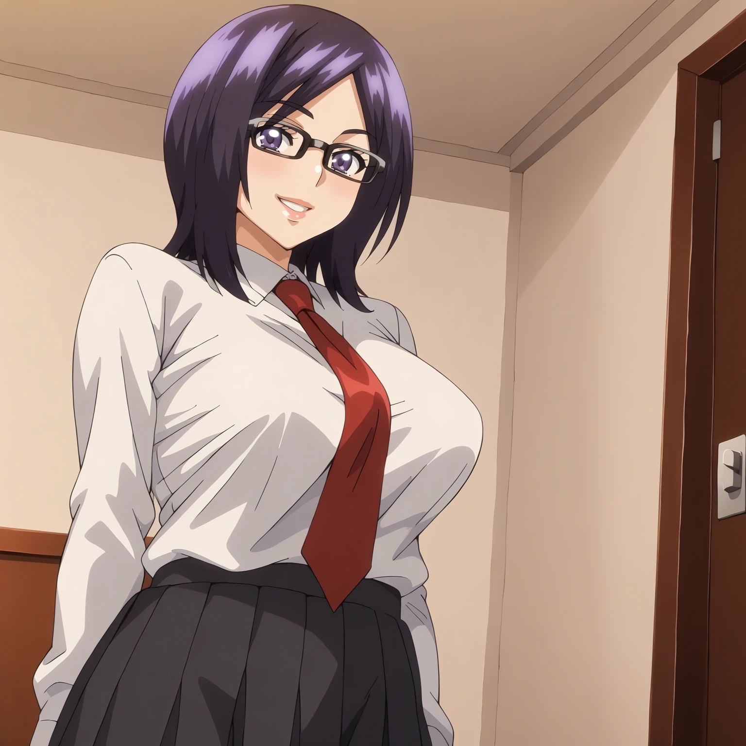 <lora:NatsumeKawashimaXLpony001>,
looking at viewer,smile,
solo,
NatsumeKawashima,1girl,purple black hair,medium hair,purple eyes,eyewear,
large breasts,
white shirt,red tie,
pleated_skirt,black skirt,
black_pantyhose,
indoors,
standing,