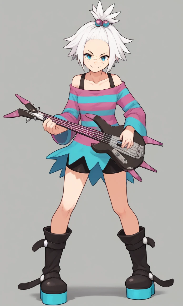 score_9, score_8_up, score_7_up, score_6_up, score_5_up, score_4_up, 1girl, roxiePokemon, solo, standing, full body, smile, white hair, blue eyes, forehead, freckles, hair ornament, hair bobbles, topknot, striped, dress, striped dress, two-tone dress, short dress, strapless dress, bike shorts, boots, platform boots, platform footwear, black footwear