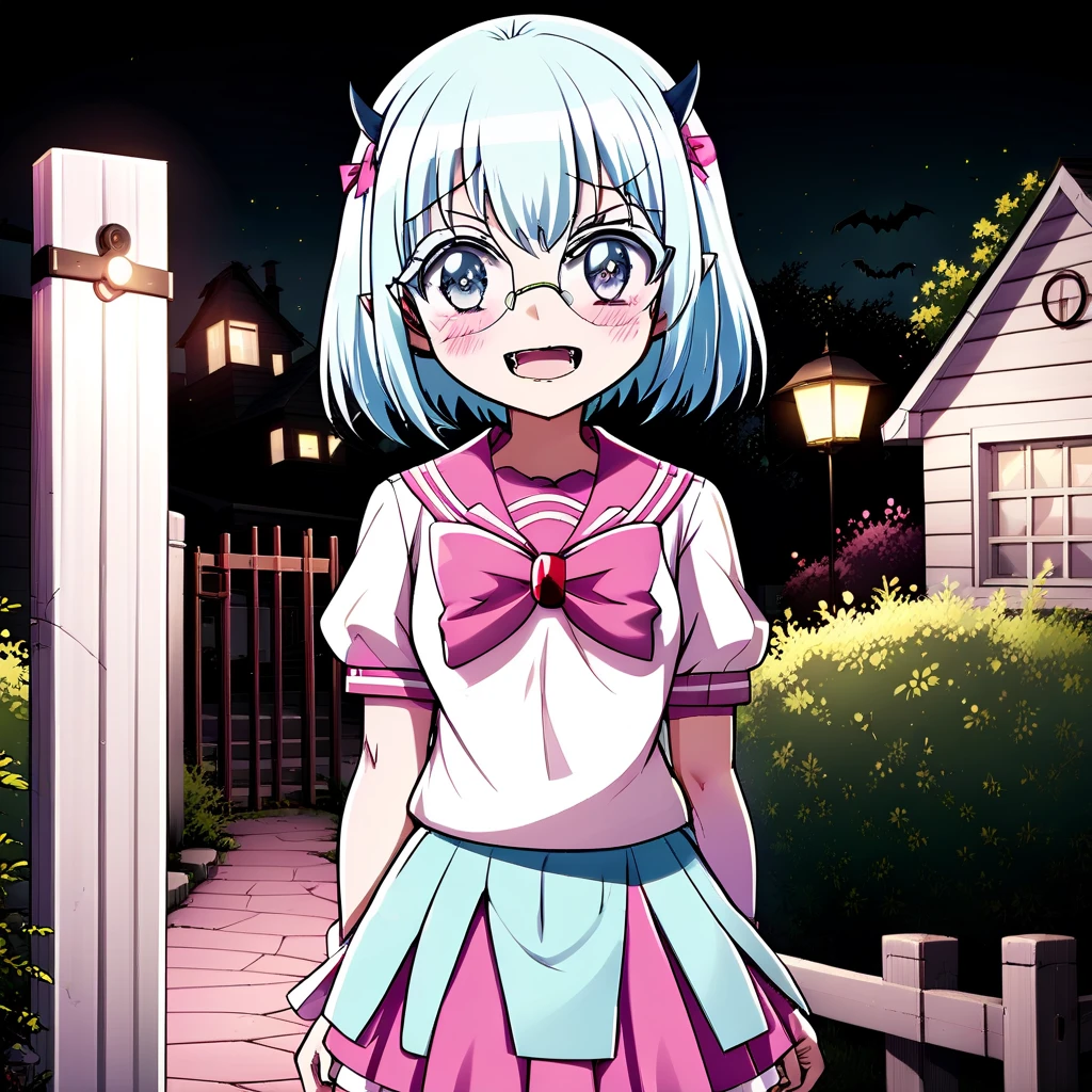 Crocell Kerori, smile, closed mouth, light blush, happy, light blue hair, short hair, blue eyes, horns, round eyewear, colored eyelashes, KeroriSchoolUniform, school uniform, serafuku, pink skirt, bow, standing, looking at the viewer, halloween, outdoors, night